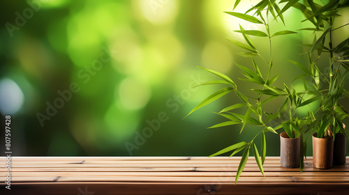 Bamboo wooden table with green bokeh background