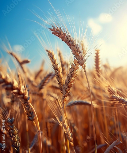 Golden fields of wheat against a blue sky.Ai generative.
