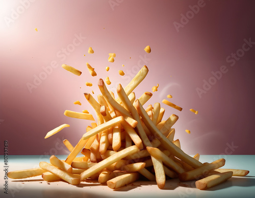 French fries falling isolated on a pastel background, looks enticing