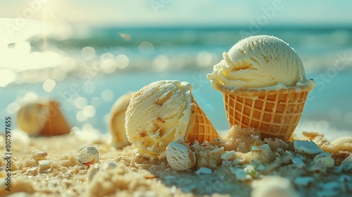 Ice cream scoops on sandy beach close up