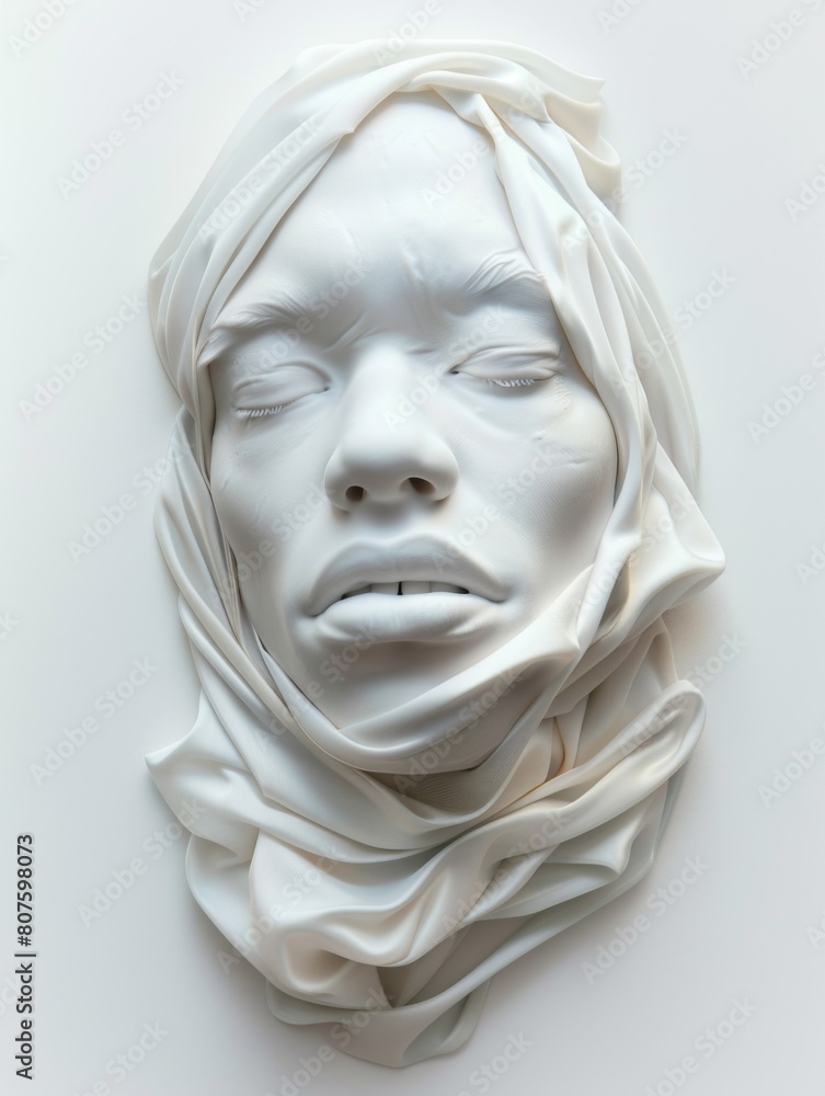 A young woman's face sculpted and covered with fabric. This artwork portrays a face using cloth, set against a white background. A young woman's face sculpted and covered with fabric. This artwork portrays a face using cloth, set against a white background.