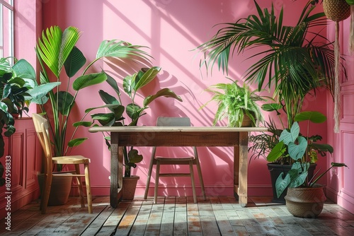 Elegant, but simple small wood table banquet in a boho plant room with pink walls and a wood floor. Generative AI. photo