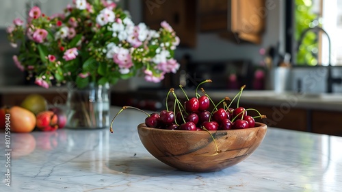 Kitchen island with marble surface small bowl of cherries with bigger wooden bowl filled with strawberry flowers © Michael