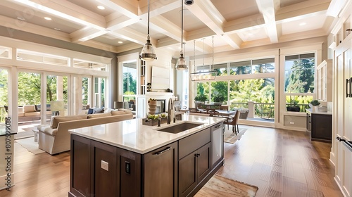 Kitchen with island sink cabinets and hardwood floors in new luxury home with view of living room dining room
