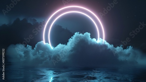 A circle of neon light stands out in a cloudy sky
