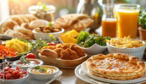 breakfast table with Indian food, healthy diet, smart kitchen background, closeup picture, panaromic, representing healthy lifestyle