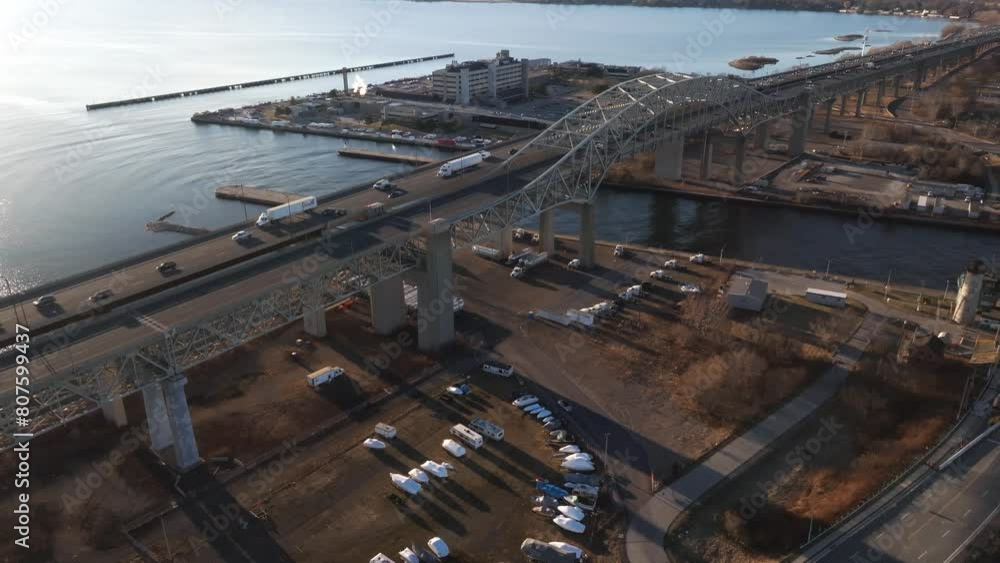 The burlington bay james n. allan skyway bridge during golden hour, hamilton, aerial view The burlington bay james n. allan skyway bridge during golden hour, hamilton, aerial view