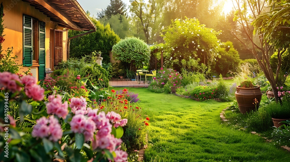 Fototapeta premium Landscaped backyard of a old house with flowering garden