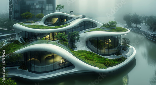 Modern architectural urban structure, seen from above, predominantly white with black accents, fluid design, gardens, green oasis, bathed in soft light, A sleek lines. Generative AI.