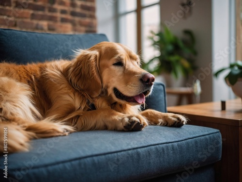 Home Comforts, Happy Golden Retriever Takes a Snooze on Stylish Living Room Sofa