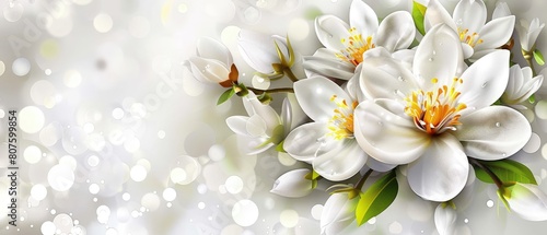 Elegant Close-Up of White Flowers with Yellow Centers on Branch  Bokeh Effect