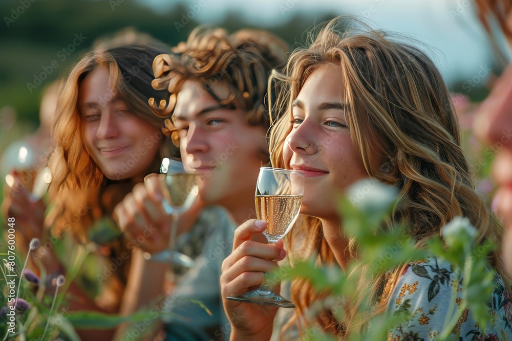 Fototapeta premium Happy young people with glasses of pink wine or champagne on the grass communicate and spend time together