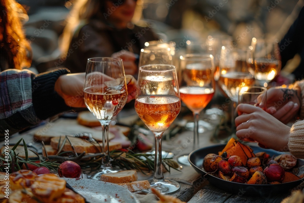 Glasses of pink wine or champagne on a serving table, party Glasses of pink wine or champagne on a serving table, party
