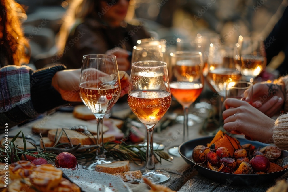 Glasses of pink wine or champagne on a serving table, party