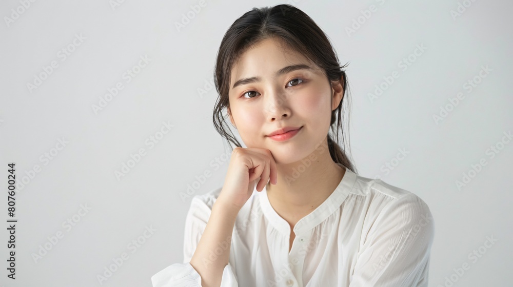 a woman with her hand on her chin a woman with her hand on her chin