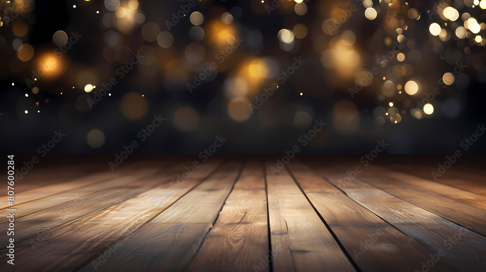 Wooden table background and golden lights create a celebratory atmosphere
