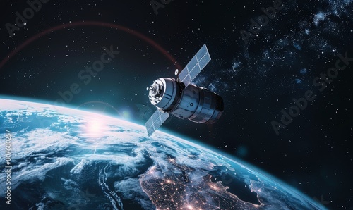 Fototapeta Naklejka Na Ścianę i Meble -  A satellite in orbit above the Earth, taking realistic photographs with a space background.