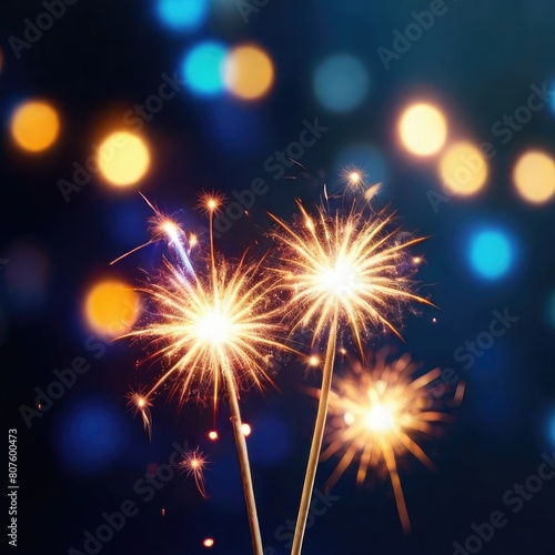 Celebratory fireworks display and bright sparklers set against a bokeh background