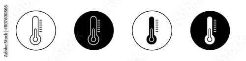 Temperature icon set. high and low temperature thermometer vector symbol. summer warm climate sign in black filled and outlined style. photo