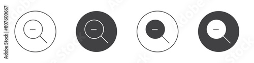 Zoom out icon set. magnify glass with minus sign in black filled and outlined style. photo