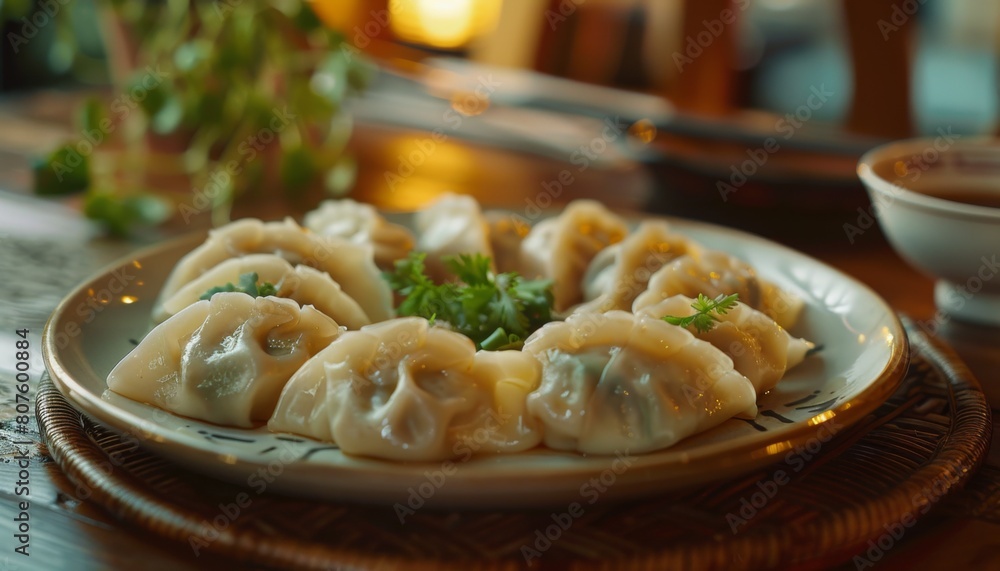 eye-level commerical grade a plate of chinese dumplings on a table in a buzzin high end restaurant, soft, subtle, food photography concept eye-level commerical grade a plate of chinese dumplings on a table in a buzzin high end restaurant, soft, subtle, food photography concept