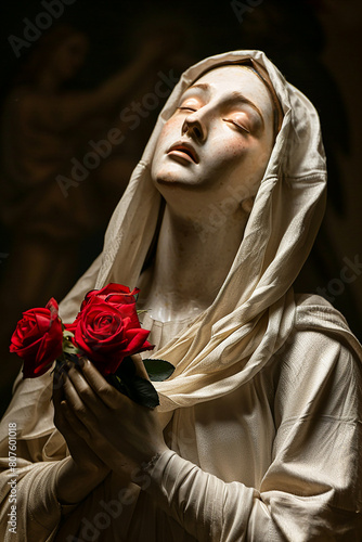 the Mother Mary holding roses in her hands, praying .AI generative