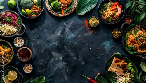 close up asian thailand cuisine on dark background flatlay layout with empty space