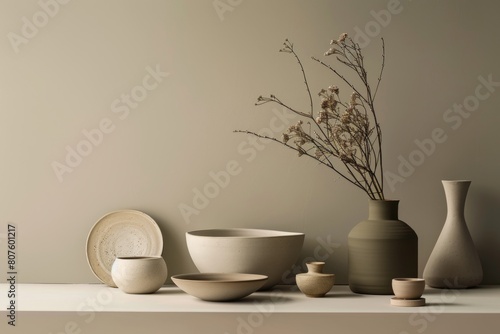 Contemporary Ceramic Vessels Display on Neutral Background