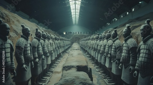 The Terracotta Army, the vast collection of life-sized terracotta warrior sculptures in China, standing guard in their underground tomb.  