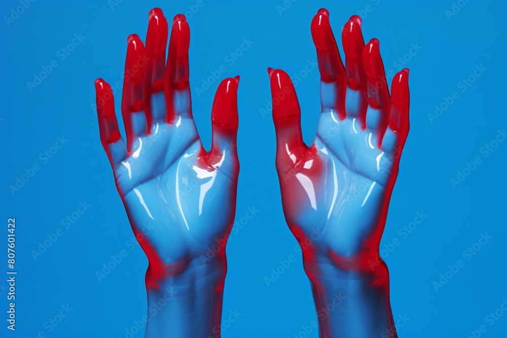 a pair of plastic hands with red and blue paint a pair of plastic hands with red and blue paint