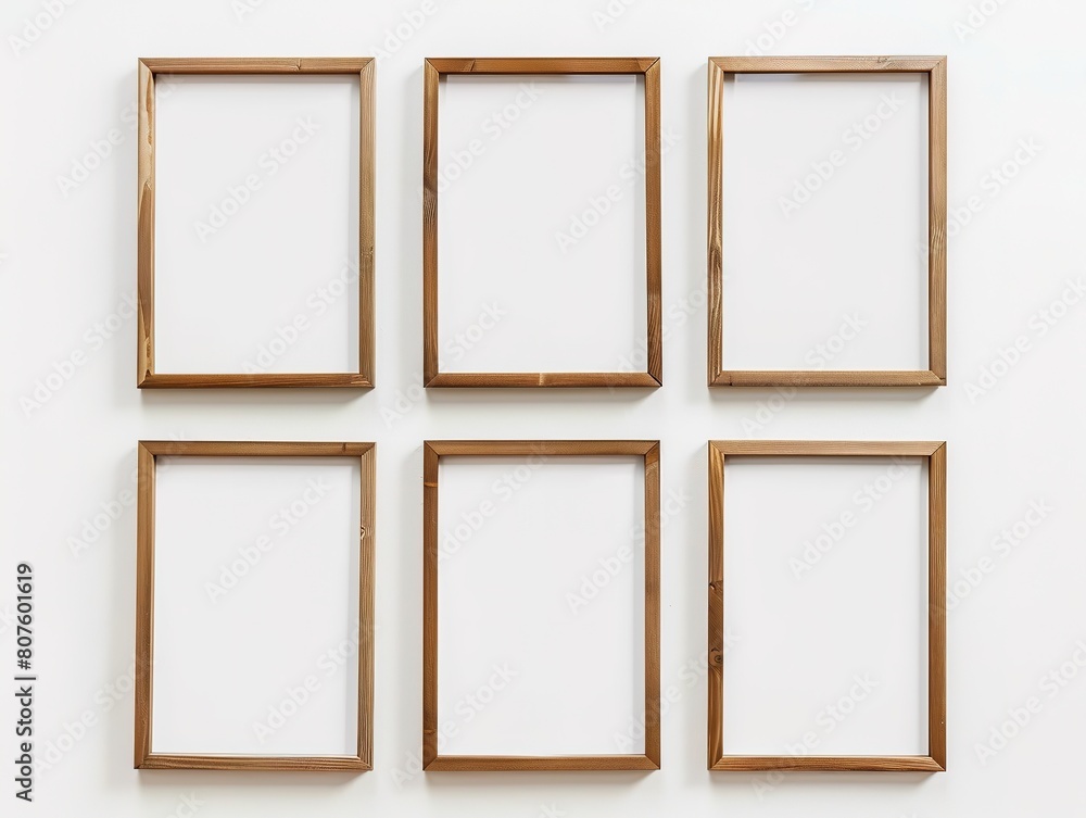 Six empty wooden frames on white wall in symmetrical arrangement Six empty wooden frames on white wall in symmetrical arrangement