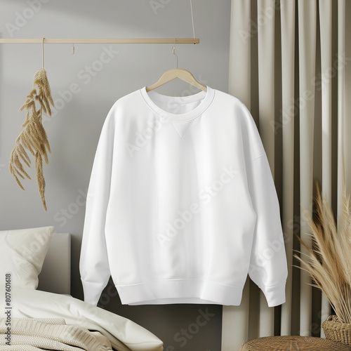 Hanging white sweatshirt mockup. Gildan 18000 blank design template. Unisex clothing, casual model. Front view long sleeve shirt mock up with boho home background. Women's and men's apparel mock