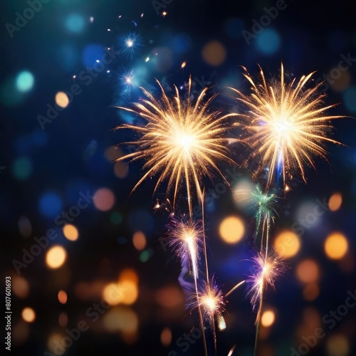 Celebratory fireworks display and bright sparklers set against a bokeh background