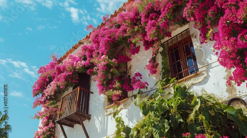 A charming building adorned with vibrant pink Bougainvillea flowers climbing its side, creating a picturesque and enchanting scene