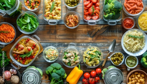Wallpaper Mural Background picture of a bright colored wooden table with lots of school food and sallad and vegetarian food, chicken with pasta and sauce, meat and potatoes Torontodigital.ca