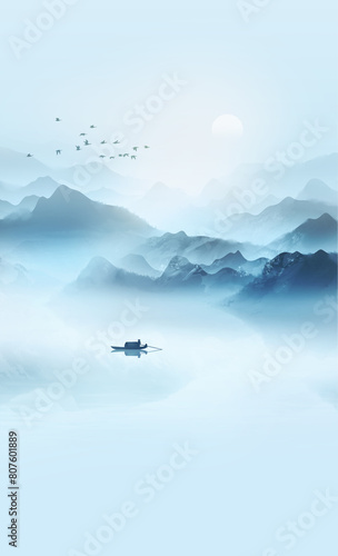 Blue artistic conception, elegant ink landscape painting background
