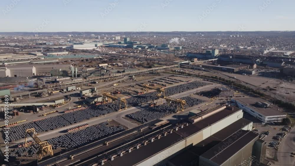 An industrial area in hamilton, ontario with extensive vehicle storage and factory buildings, aerial view An industrial area in hamilton, ontario with extensive vehicle storage and factory buildings, aerial view