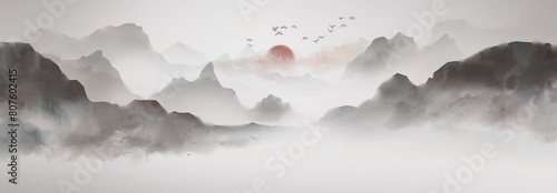 Background of Chinese style ink landscape painting with artistic conception photo