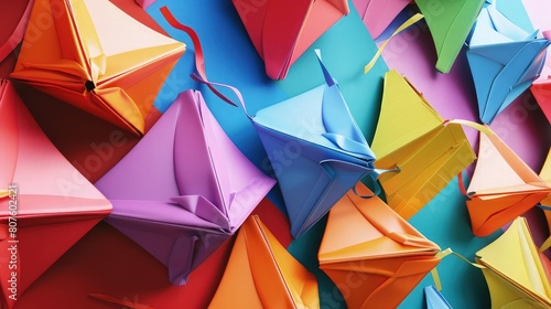 Origami paper shapes in vibrant colors are arranged in a dynamic pattern to serve as a versatile background for creative marketing and advertising projects.