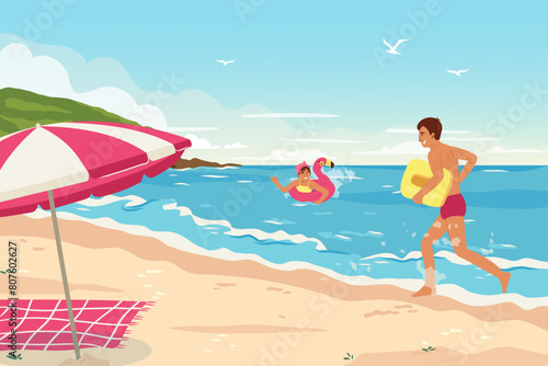 Cheerfull girl in flamingo swimming circle. Boy runs along the seashore with an inflatable raft for swimming. Children beach activities and fun. Adorable friends having fun on vacation. Flat vector