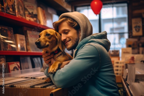  A young man in his early 20s browsing through vinyl records with his Dachshund perched on his shoulder at a pet-friendly music store