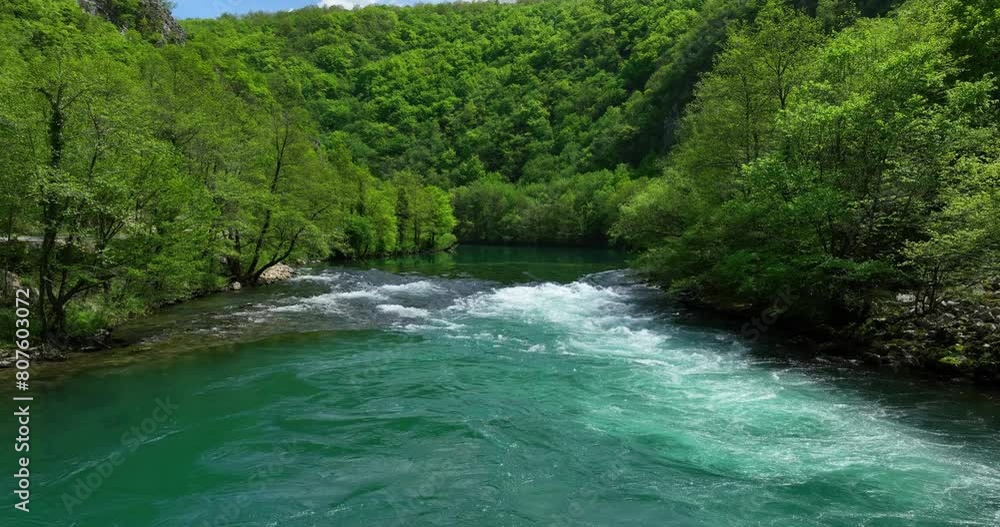 Low aerial shot of a clear green river surrounded by lush, newly leafed trees in early spring, under a sky with scattered clouds. Low aerial shot of a clear green river surrounded by lush, newly leafed trees in early spring, under a sky with scattered clouds.
