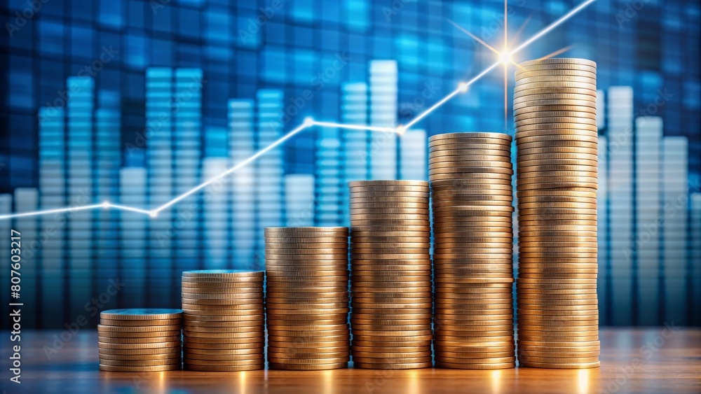 Investment Growth with Coins Stacking Progressively: A simple yet powerful image of coins stacking in increasing heights against a backdrop of upward trending graphs, symbolizing investment growth Investment Growth with Coins Stacking Progressively: A simple yet powerful image of coins stacking in increasing heights against a backdrop of upward trending graphs, symbolizing investment growth