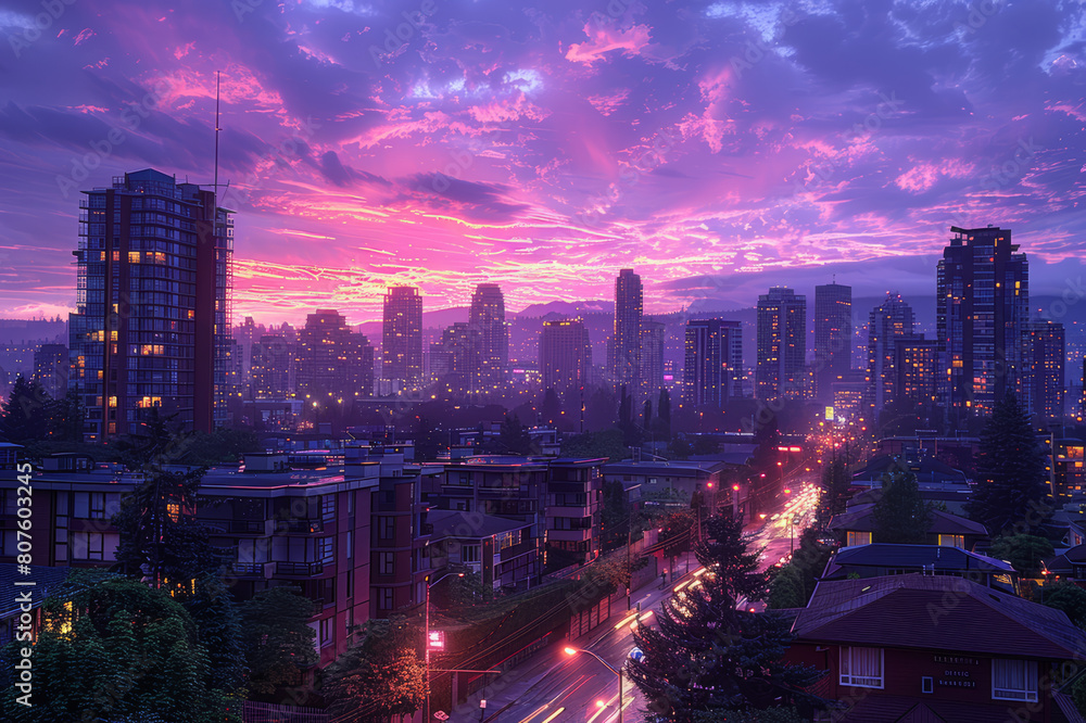 Fototapeta premium Panoramic view of a bustling city skyline at sunset, buildings bathed in dusk colors.. AI generated.