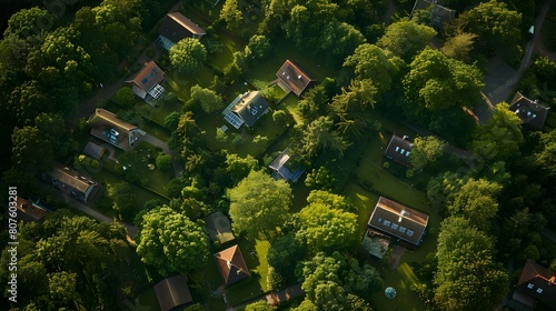 A birds eye view captures a cluster of charming houses nestled amidst a lush green forest, creating a picturesque woodland community photo