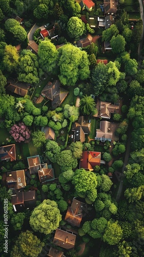 A birds eye view captures a cluster of charming houses nestled amidst a lush green forest, creating a picturesque woodland community