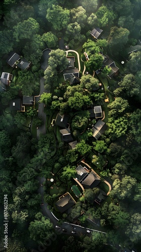 A birds eye view captures a cluster of charming houses nestled amidst a lush green forest, creating a picturesque woodland community
