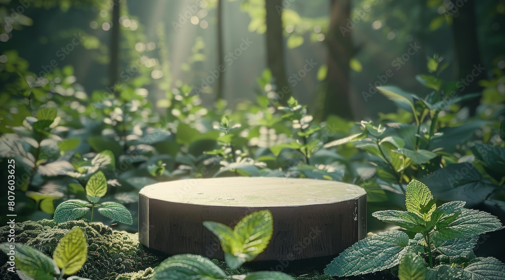 Platform to display product in the middle of a forest with mint plants, nettle. Generative AI. Platform to display product in the middle of a forest with mint plants, nettle. Generative AI.