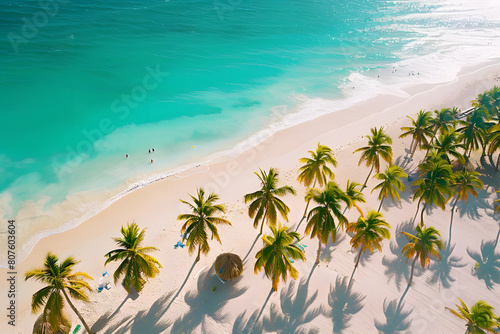 Coastline at tropical beach with palms and turquoise ocean   summertime banner mockup. Summer travel sales and vacation concept.