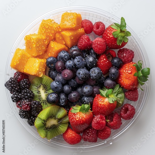 On a white background  there is a circular disposable plastic plate filled with fruits  with water droplets on the surface of the fruits. top view. Generative AI.